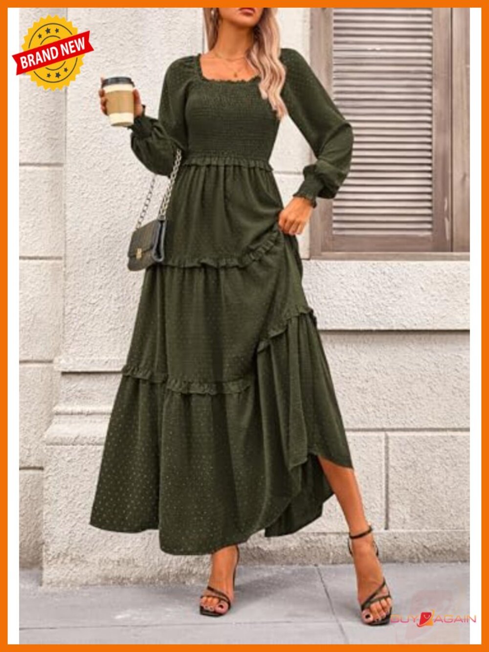 Smocked Long Sleeve Maxi Dress with Pockets Swiss Dot Ruffle - Picture 2 of 6